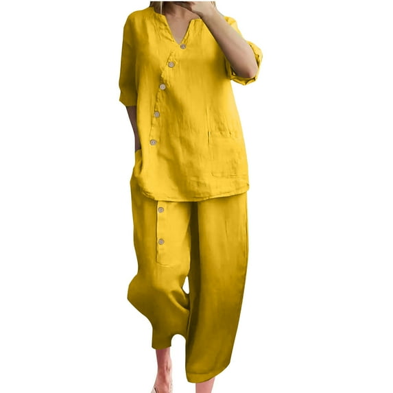 Autumn 2 Piece Sets for Women Plus Size Loose Casual Solid Color Cotton Linen Three Quarter Sleeved Top Wide Leg Pants Two-piece Set