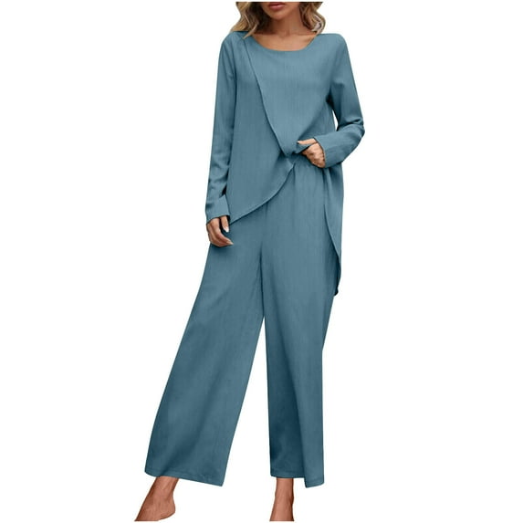 Autumn 2 Piece Sets for Women Plus Size Solid Color Long Sleeved Irregular Hem Top Elastic Waist Wide Leg Pants Set