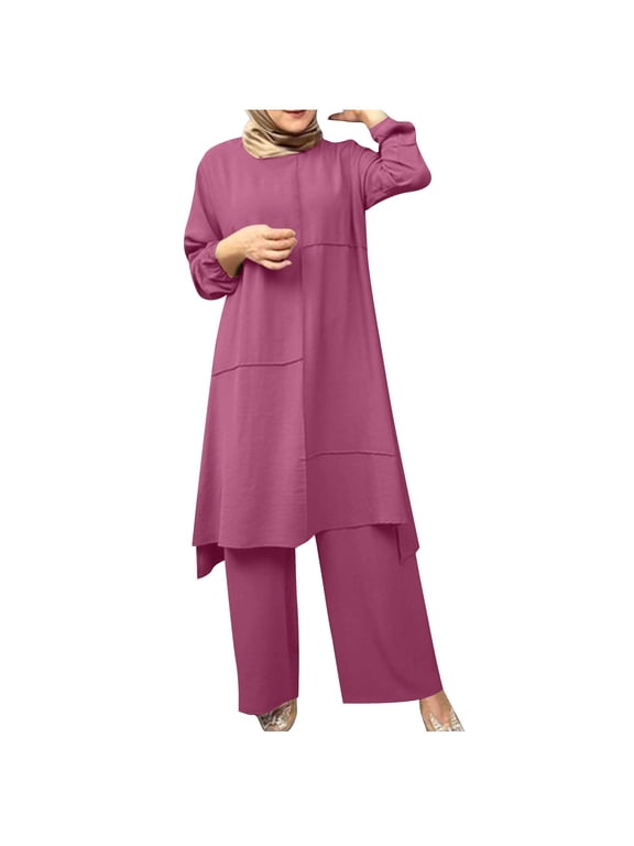 Autumn 2 Piece Sets for Women Plus Size Spring Solid Color Muslim Solid Color Long Sleeve Shirt Coat Wide Leg Trousers Casual Suit