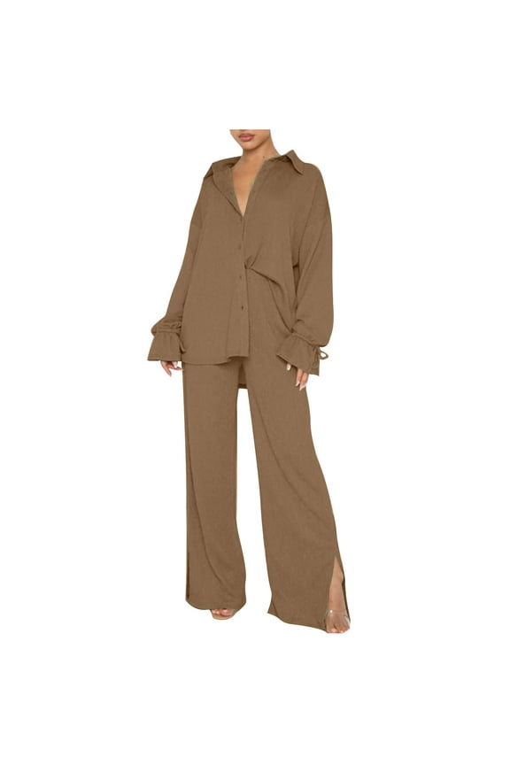 Autumn Two Piece Sets for Women Plus Size Spring And Summer Long-Sleeved Loose Pleated Wide-Leg Pants Two-Piece Casual Suit