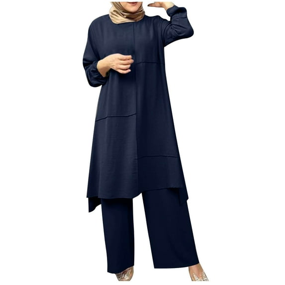 Autumn Two Piece Sets for Women Plus Size Spring Solid Color Muslim Solid Color Long Sleeve Shirt Coat Wide Leg Trousers Casual Suit