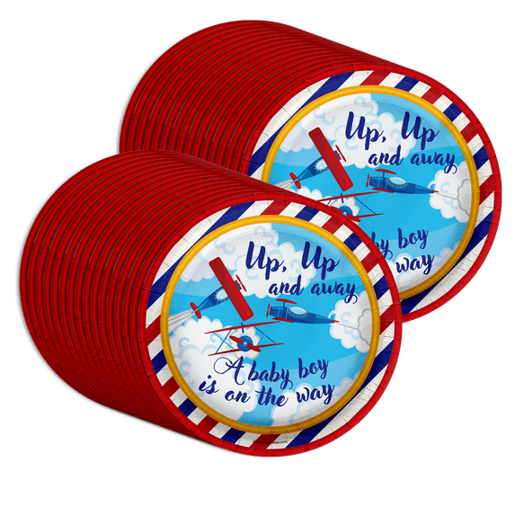 Up Up and Away Airplane Baby Shower Party Supplies Large 9" Paper Plates in Bulk 32 Piece