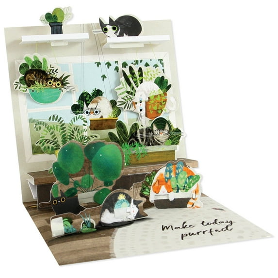 Up With Paper Cats Sitting in Pots, Hanging Planters and Plants 5-Inch 3D Pop-Up All Occasion Greeting Card