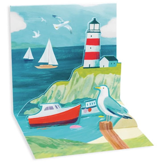Up With Paper Red and White Lighthouse on Cliff and Boats in Bay 3-Inch 3D Mini Pop-Up Blank / All Occasion Greeting Card