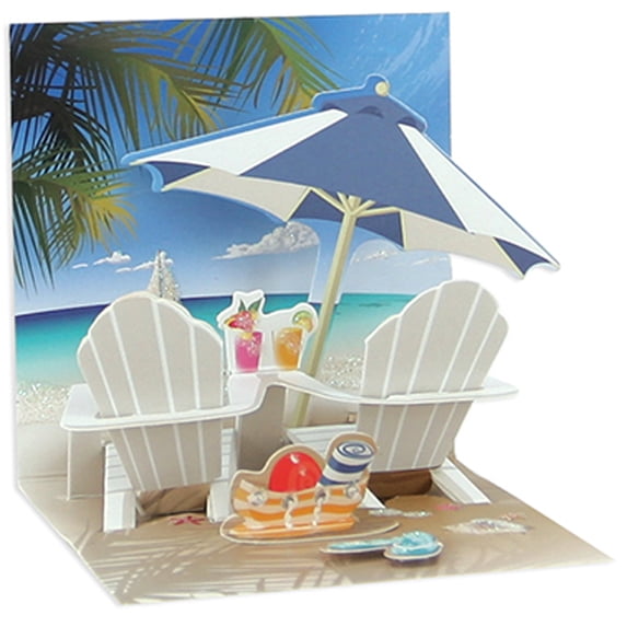Up With Paper Tropical Beach Chairs: White Adirondack Chairs and Umbrella on Beach 3-Inch 3D Mini Pop-Up Blank / All Occasion Greeting Card