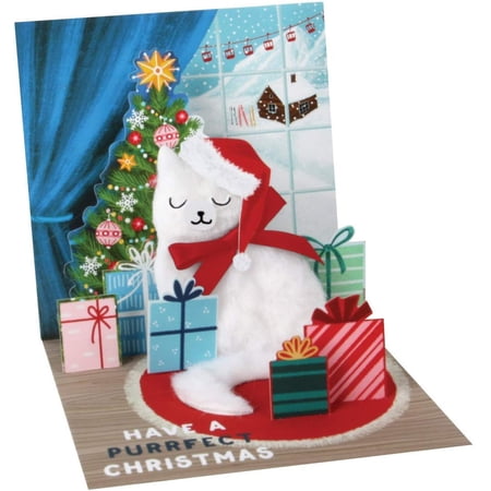 Up With Paper White Santa Cat Near Window Pop-Up Christmas Card