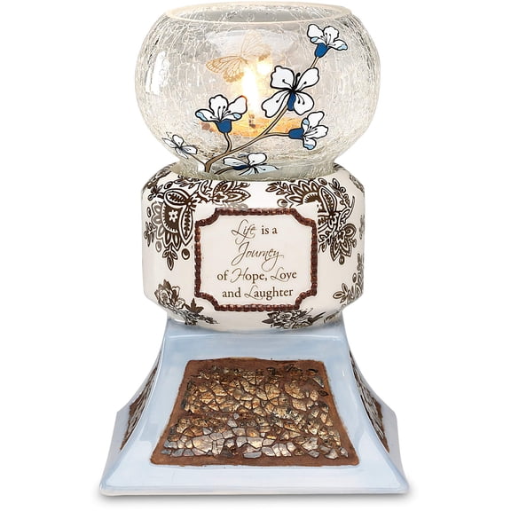 Up Words by Pavilion Blue and Brown Tea Light Candle Holder, Life is a Journey Sentiment, 5-1/2-Inch Tall, Includes Tea Light Candle