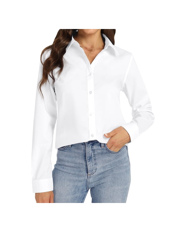 Women's Button Down Shirts Long Sleeve Basic Classic Soft Shirt Collared Dressy Casual Solid Color