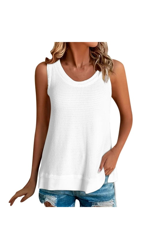 Up to 30% off! Kmdttou Women's Summer Casual Solid Color Round Neck Sleeveness Tops Loose Blouses Fashion Layering Slim Trendy Cool Tops