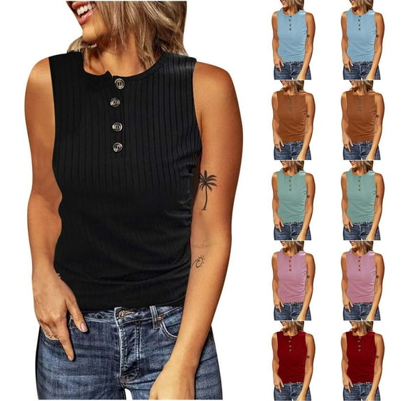 Up to 40% off! Kmdttou Women's Sleeveless Round Neck Solid Color Button-Up Top Fashion Layering Slim Trendy Cool Tops