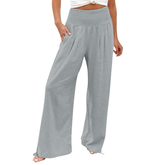 Up to 20% off! Hontri Plus Size Panties High Waist Wide Leg Prints Pants for Women Smocked Elastic Waist Loose Comfy Split Casual Pants Pockets