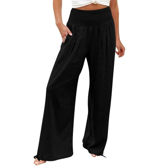 Up to 20% off! Hontri Plus Size Panties High Waist Wide Leg Prints Pants for Women Smocked Elastic Waist Loose Comfy Split Casual Pants Pockets