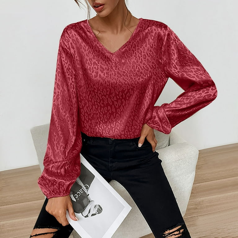 Up to 30% off Clearance! Zanvin Fall Clothes for Women 2022 Savings! Plus  Size Women Casual Loose Solid Color Long Sleeve V-neck Tops T-shirt Wine L