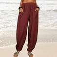 thumbnail image 1 of Up to 30% off Clearance! AKAFMK Summer Clothes for Women Savings! Fashion Women Summer Casual Loose Cotton and Linen Pocket Solid Trousers Pants Wine L, 1 of 7