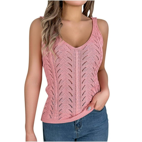 Up to 30% off! Kmdttou Women's Solid Color V Neck Hollow Sleeveless Knitted Vacation V Neck Fashion Layering Slim Trendy Cool Tops