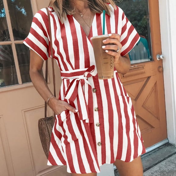 Up to 30% off Summer Dress, Women And Linen V-neck Button Up Shirt Cardigan Belt Striped Shirt Dress With Pocket(Red,S)
