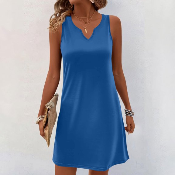 Up to 30% off Summer Dress, Women's Casual Solid Color V-Neck Pullover Short Sleeved(Blue,S)