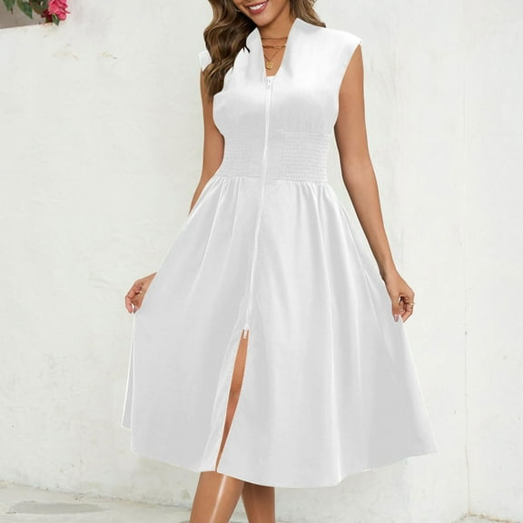 Up to 30% off Summer Dress, Women's Solid Color Zipper Front Fold V-neck Elegant And Comfortable Midi Dress With Pocket(White,S)