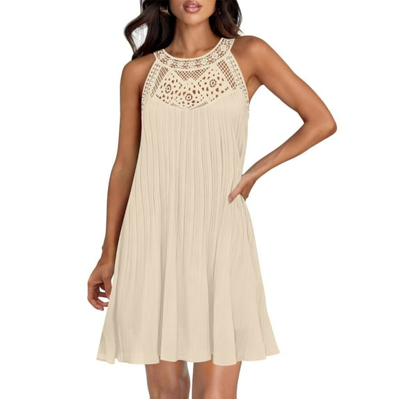 Up to 30% off Summer Dress, Women's Solid Sleeveless Round Neck Sexy Elegant Club Party Tunic Mini Dresses Casual Vacation Dress(Beige,S)
