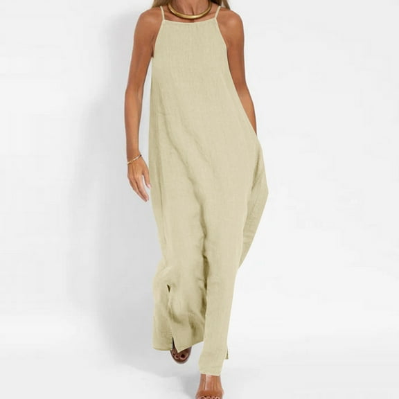 Up to 30% off Summer Dress, Women's Spring And Summer Solid Color Sling Loose Linen Dress(Beige,S)
