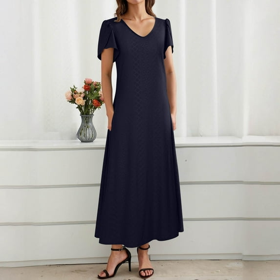 Up to 30% off Summer Dress, Women's Summer Sexy Fashion Solid Color Pocket Ruffle Short Sleeve V-Neck Dress(Navy,S)