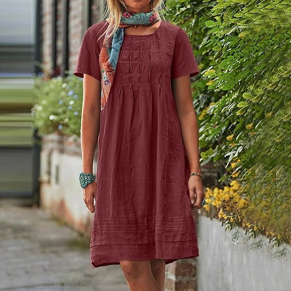 Up to 30% off Summer Saving Women Dresses, Women's And Linen Dress Long Sleeveless Solid Color Dress With Pocket Skirt(Wine,M)