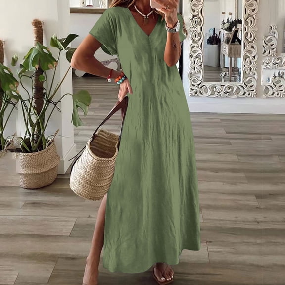 Up to 30% off Summer Saving Women Dresses, Women's Fashion Crewneck Loose Half Sleeve Solid Knee-length Dress(Olive Green,S)