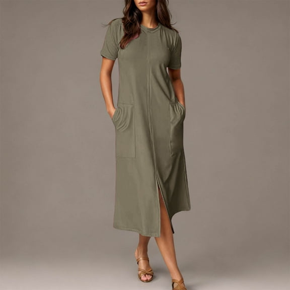 Up to 30% off Summer Saving Women Dresses, Women's Summer Casual Dress Gradual Sleeveless Neck V-Neck Long Dress(Olive Green,S)