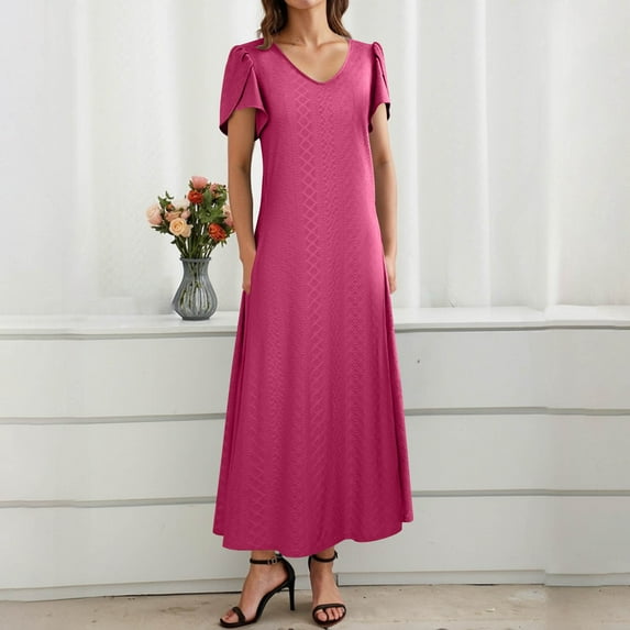 Up to 30% off Summer Saving Women Dresses, Women's Summer Sexy Fashion Solid Color Pocket Ruffle Short Sleeve V-Neck Dress(Hot Pink,S)