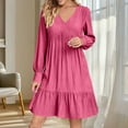thumbnail image 1 of Up to 30% off Summer Womens Dresses,Women Summer V-neck Loose Solid Color Pleated Casual High Waisted Lace Long Sleeved Dress(Hot Pink,S), 1 of 6