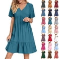 thumbnail image 1 of Up to 30% off Sundresses for Women 2025 Summer Saving, Fashion Women Summer Casual V-Neck Short Sleeve Mini Dress(Cyan,M), 1 of 9
