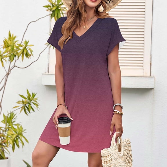 Up to 30% off Sundresses for Women 2025 Summer Saving, Women Fashion V-Neck Pockets Button Dress Solid Short Sleeve Dress(Hot Pink,XL)