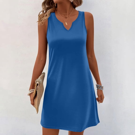 Up to 30% off Sundresses for Women 2025 Summer Saving, Women's Casual Solid Color V-Neck Pullover Short Sleeved(Blue,XXL)