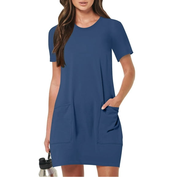 Up to 30% off Women Summer Dresses, Women Fashion Summer Solid Color Short Sleeve Round Neck Pocket Dress(Dark Blue,M)