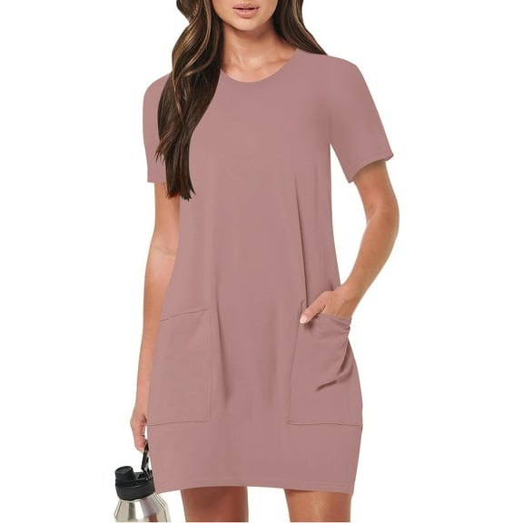 Up to 30% off Women Summer Dresses, Women Fashion Summer Solid Color Short Sleeve Round Neck Pocket Dress(Dusty Pink,M)