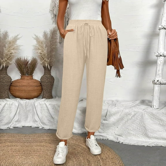Up to 30% off Women's Pants,Women's Fashion Casual Solid Color Pants Pocket Elastic Waist Strap Trousers Women High Waisted Pants (Khaki,XL)