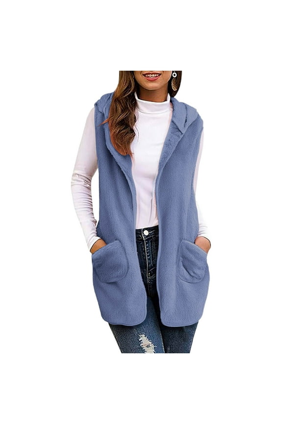 Up to 35% Men's Polar Fleece Vest Women Solid Casual Tops Sleeveless Hooded Fleece Blanket Jacket With Pocket Blue S