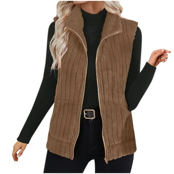 Womens Corduroy Puffer Vest Women's Fashionable Casual Solid Color Sleeveless Zipper Jacket Top Coffee XL