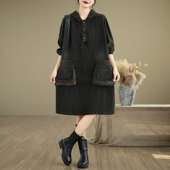 Women's Summer Plus Size Dress Women's Loose Retro Patchwork Hooded Denim Pullover Loose Mid Length Dress,Black,XL