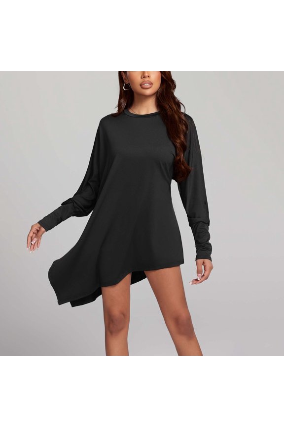 Women's Summer Plus Size Dress Women's Solid Color High Elasticity Long Sleeved Round Neck Irregular Cut Dress,Black,XL