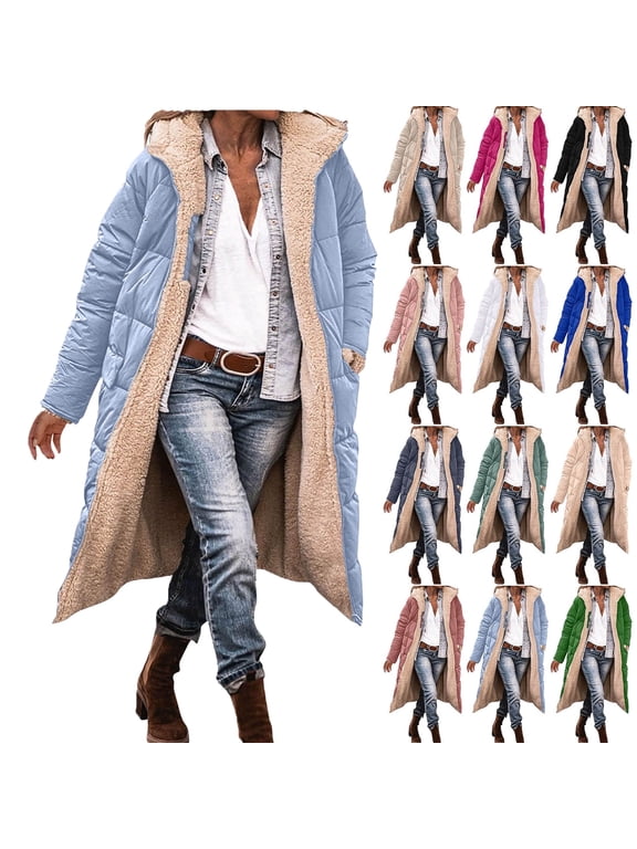 Women's Winter Jacket Coat Fleece Lined Long Fluffy Coat Hooded Long Winter with Pockets Warm Parka Coat,Light Blue,S