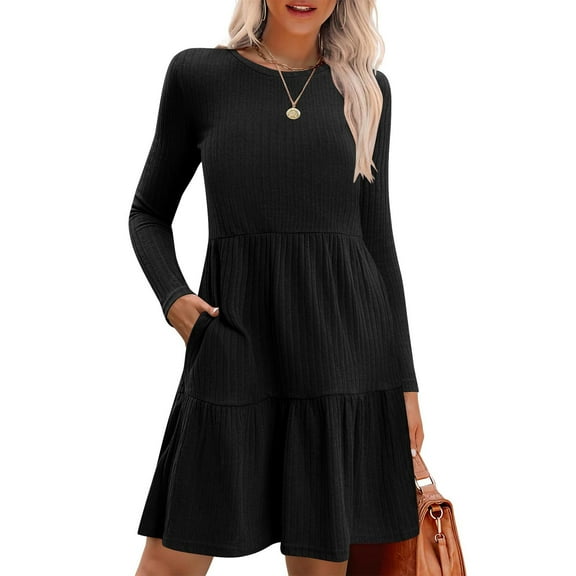 Womens Long Sleeve Fall Dresses Women's Fashion Solid Color Round Neck Long Sleeve Round Neck Dress Long Skirt,Black,M