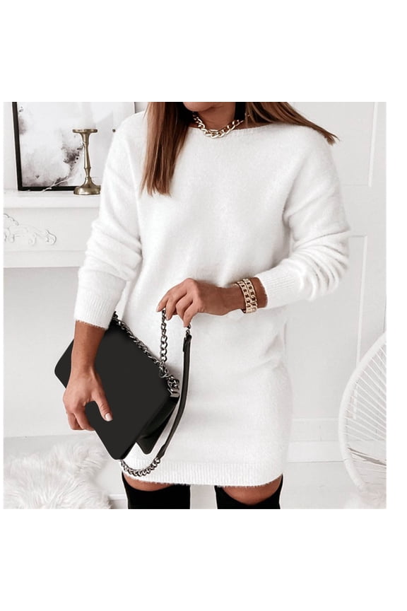 Womens Long Sleeve Fall Dresses Women's Solid Color Round Neck Long Sleeve Lace Sexy Backless Dress,White,XS