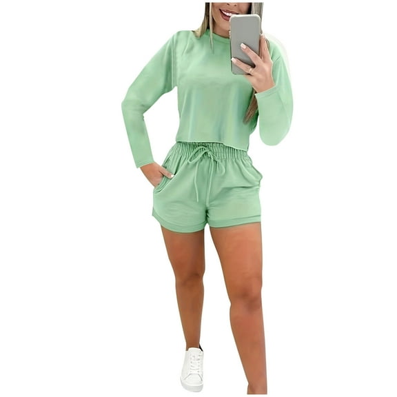 Up to 35% off Women's Tops Two Piece Set 2025 Summer Lounge Tracksuit Outfits Shorts And Short Sleeve Tops Knitted Clothes Ndbuld Green M