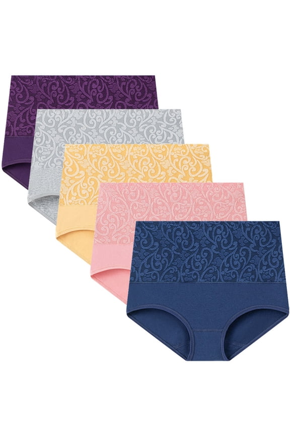 5 Pack Women's High Waisted Cotton Underwear Tummy Control Full Coverage Soft Stretch Briefs Ladies Panties Regular and Plus Size