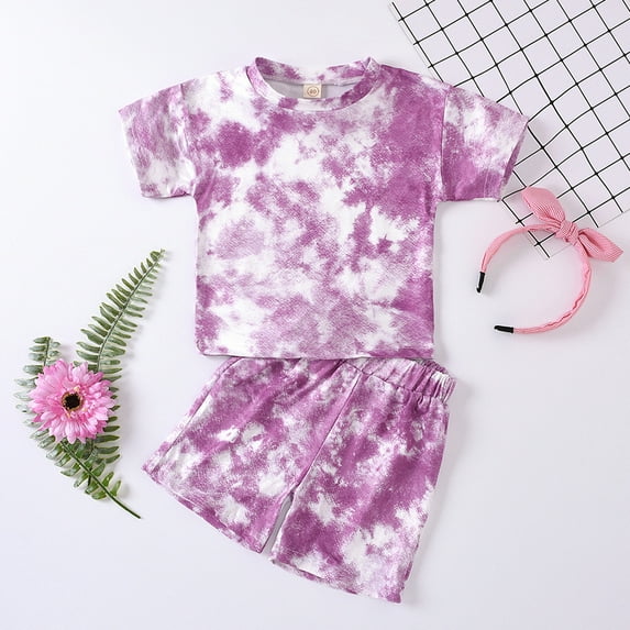 Up to 40% off!KkSLirnhs 110 Athletic Shorts Girls Toddler Baby Kids Girls Boys Tie-dye Set T-shirt Tops Pants Casual Outfits Purple