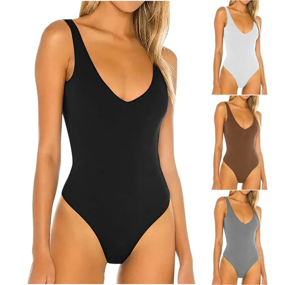 Up to 40% off! Kmdttou Women's Sleeveless Solid Color Elastic Slim Jumpsuit Long Sleeved V Neck Top/shirt Fashion Layering Slim Trendy Cool Tops