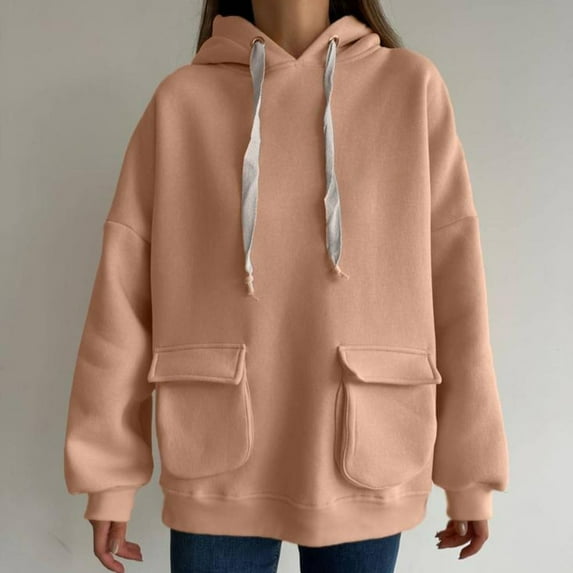 Up to 40% off fashion Clearance Gifts Ohufall Women Versatile Solid Color Long Sleeved Round Neck Pocket Temperament Tops