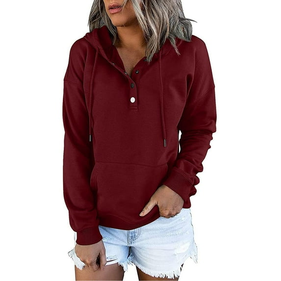 Gifts Ohufall Women's Hooded Solid Color Long-sleeved Sweatshirt Casual Blouse Pullover Tops