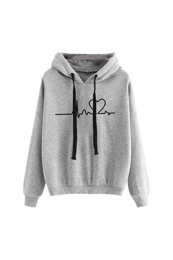 Valentine's Day Gifts Borniu Women's Fashion Casual Long Sleeve Print Hooded Pocket Sweatshirt Tops Blouse
